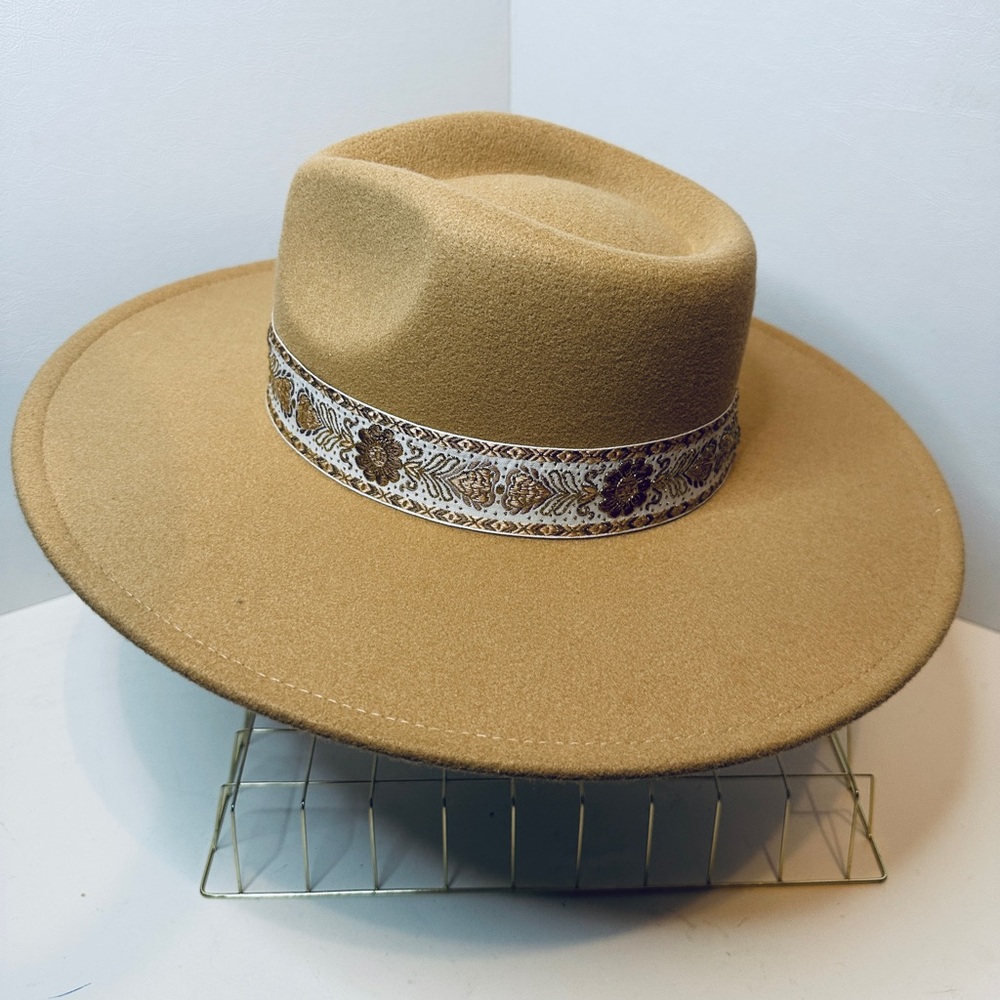 Women’s Beautiful Tan Wide Brim Fedora Hat With Floral Embroidered Boho Strap